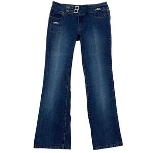 Clash Woman’s Dark Wash Bootcut Flair Denim Jeans Snap Buckle Waist Size 11 Jrs